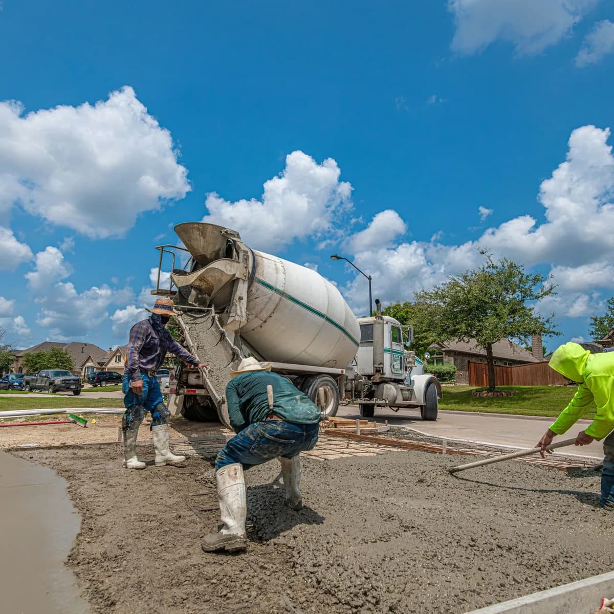 Crew placing and finishing a concrete surface